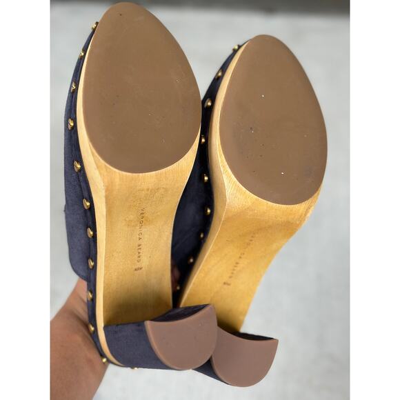 NWOT Veronica Beard Women’s 8.5M Giles Clogs Navy Suede Leather Platform Mules - Picture 10 of 11